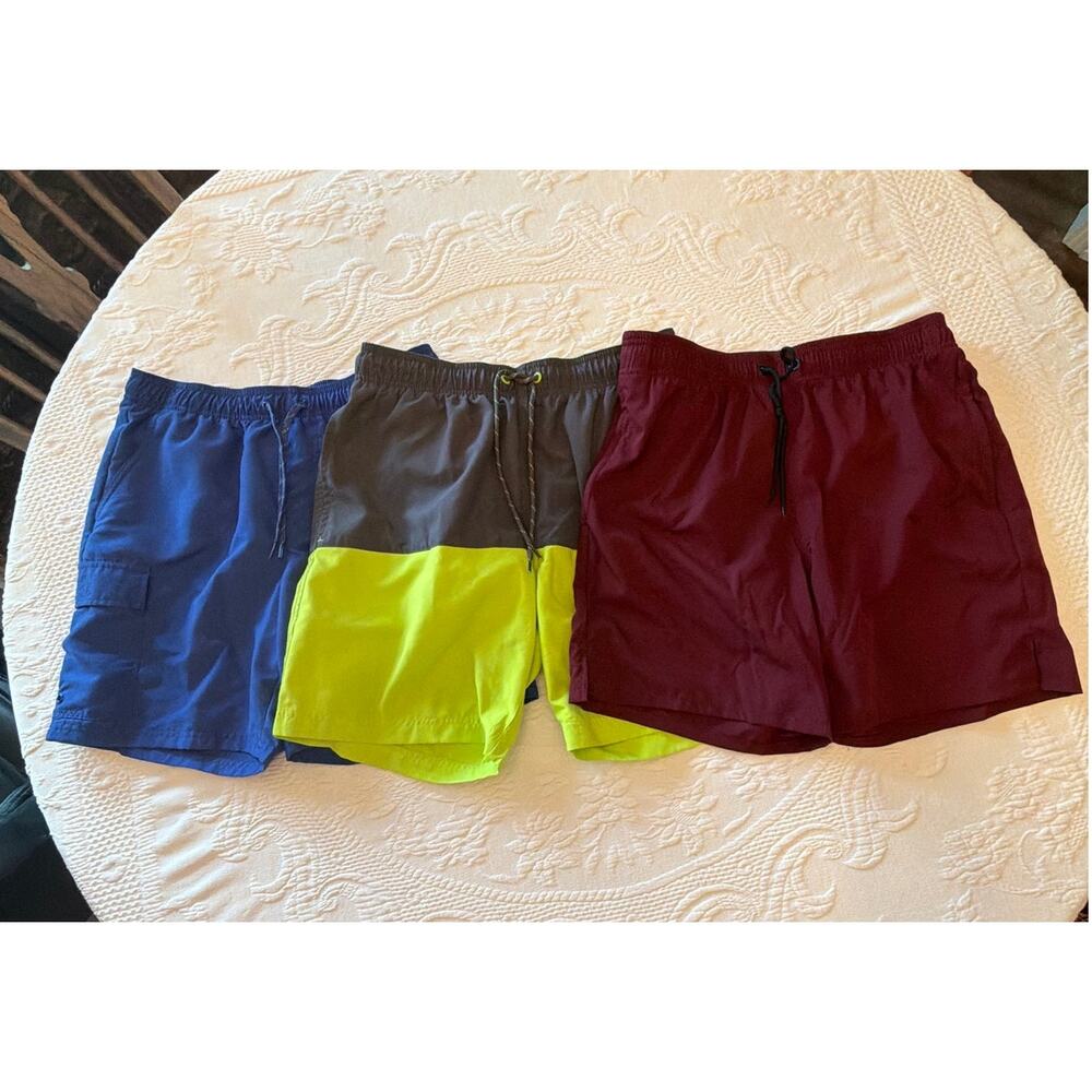 Lot of 3 Mens Size Medium Swim Trunks Board Shorts Blue Burgundy Green
